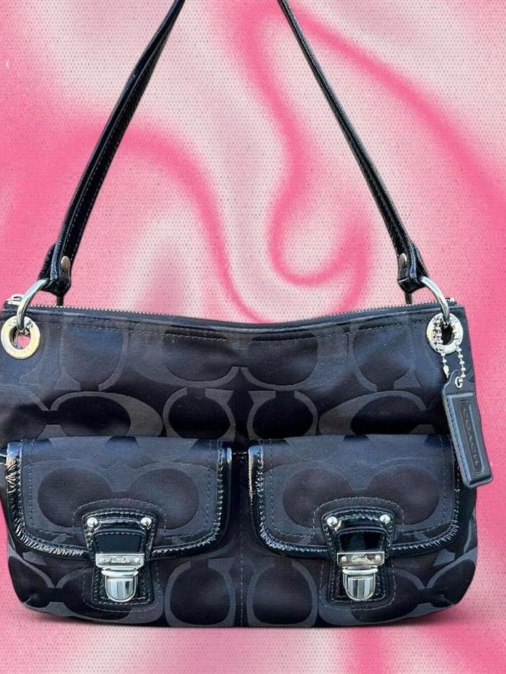 Y2K Coach Poppy Two Pocket Black Signature Shoulder Bag